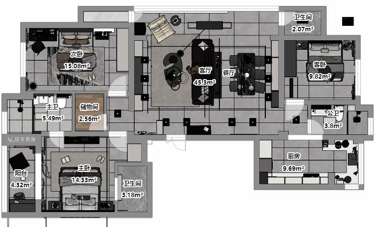 刘小勇｜翠屏诚园北区5-702-138㎡-现代黑白灰风格｜3室2厅2卫｜老房装修｜定制家｜全包19万｜00_03平面彩图